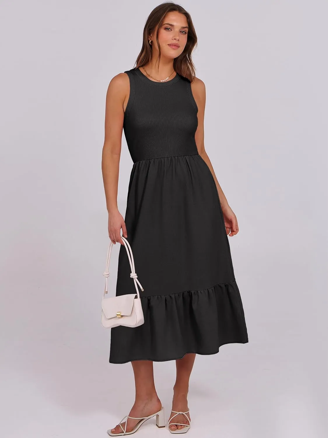 ANRABESS Women Midi Dresses 2025 Summer Casual Sleeveless Sundress High Neck Tank Top Racerback Flowy Beach Dress  Pockets