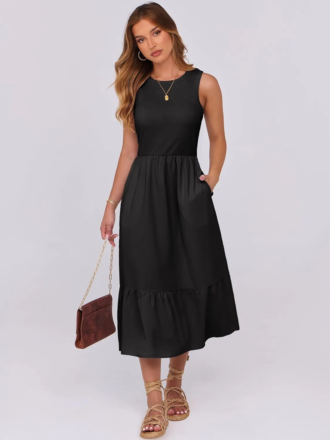 ANRABESS Women Midi Dresses 2025 Summer Casual Sleeveless Sundress High Neck Tank Top Racerback Flowy Beach Dress  Pockets