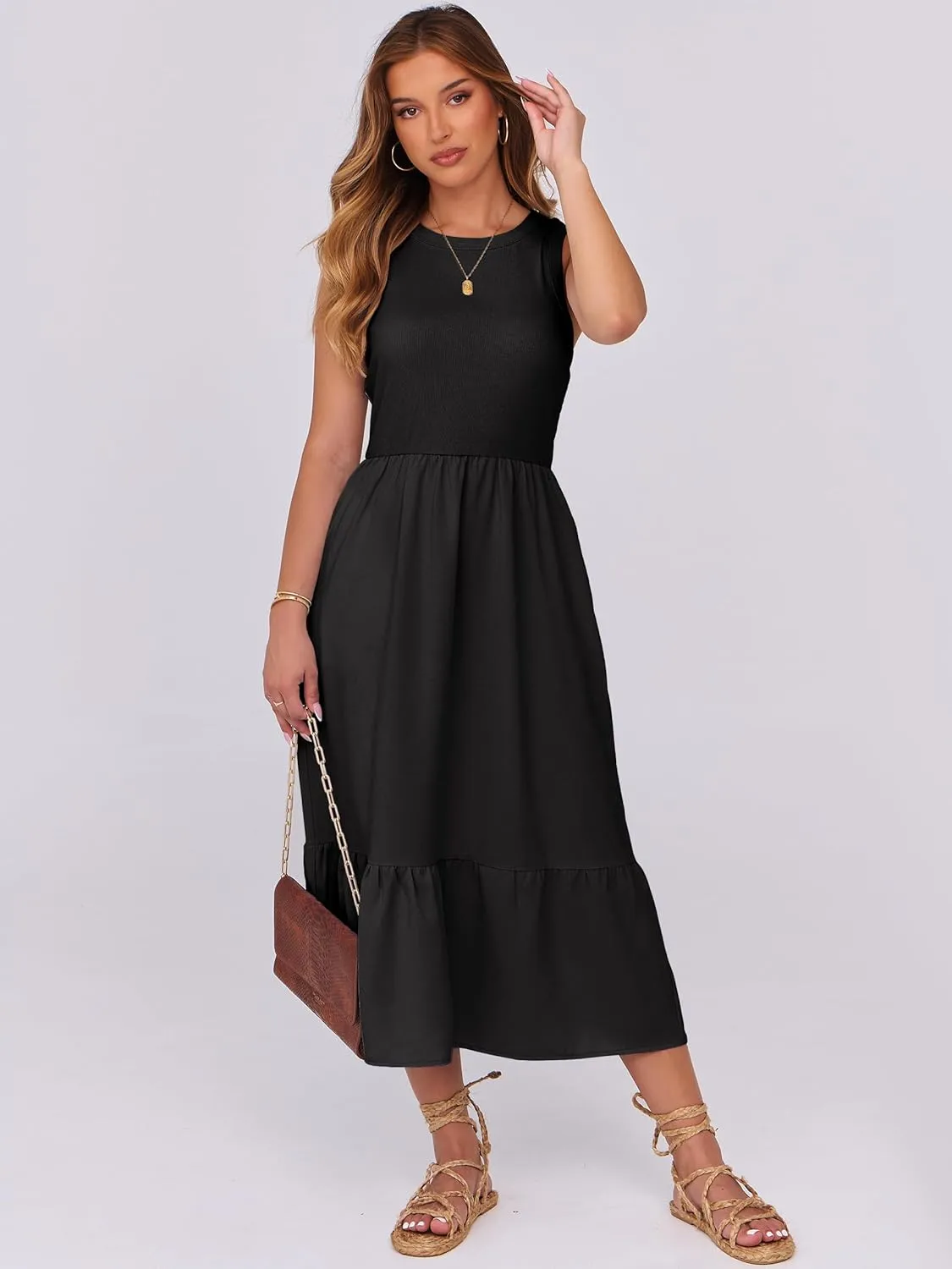ANRABESS Women Midi Dresses 2025 Summer Casual Sleeveless Sundress High Neck Tank Top Racerback Flowy Beach Dress  Pockets