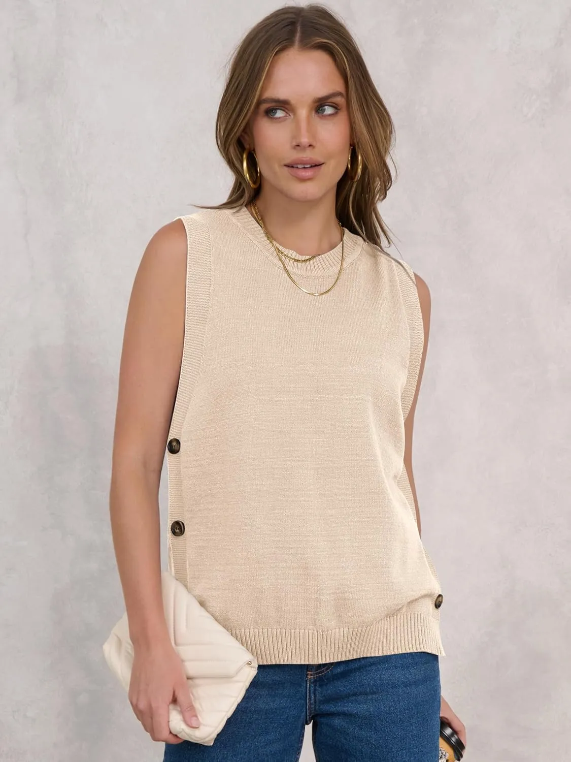 ANRABESS Womens Sweater Vest Summer Sleeveless Crewneck Ribbed Knit Side Button Pullover Tank Tops 2025 Outfits