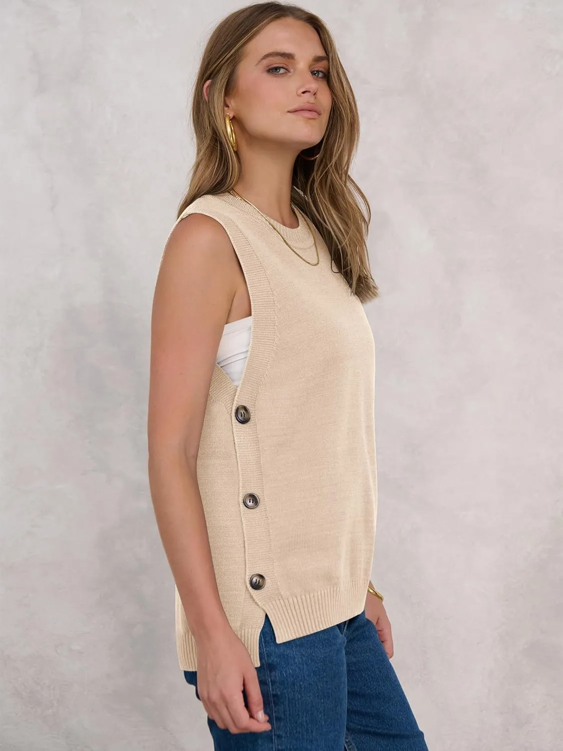 ANRABESS Womens Sweater Vest Summer Sleeveless Crewneck Ribbed Knit Side Button Pullover Tank Tops 2025 Outfits