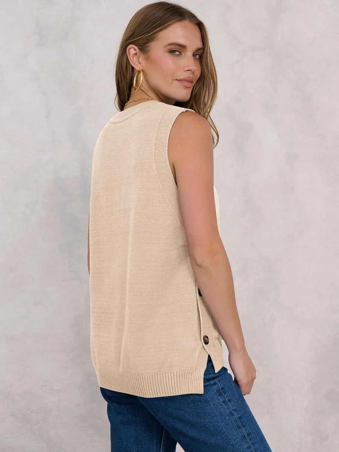 ANRABESS Womens Sweater Vest Summer Sleeveless Crewneck Ribbed Knit Side Button Pullover Tank Tops 2025 Outfits
