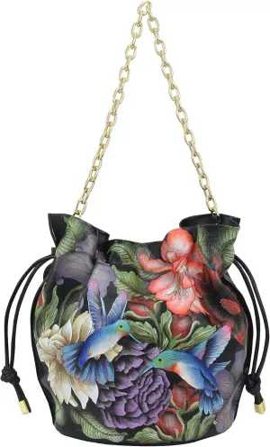Anuschka Womens Original Hand-Painted Genuine Leather Drawstring Bucket Bag, Made in India
