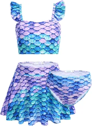 Arshiner Girls Swimsuit 3 Piece Bathing Suits Cute Bikini Tankini Sets Teen Ruffle Swimwear with Cover Up Skirt