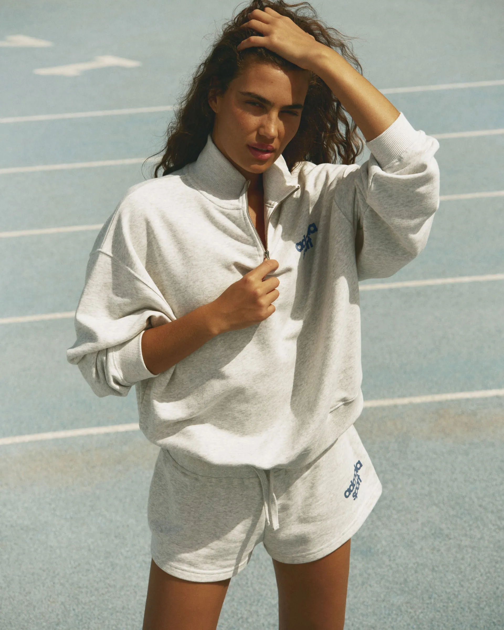 AS Bold Relaxed Funnel Neck Zip Sweatshirt - Light Grey Melange/Vintage Blue