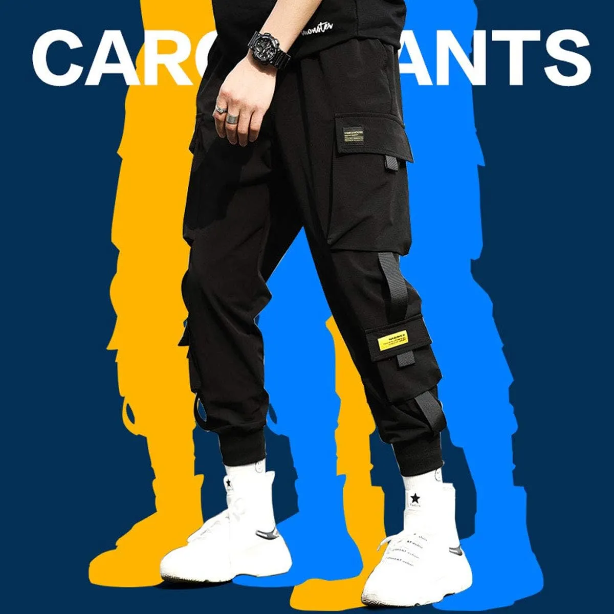 Astellarie Mens Punk Cargo Pants Hip-hop Jogger Patchwork Popular Baggy Teachwear Pants