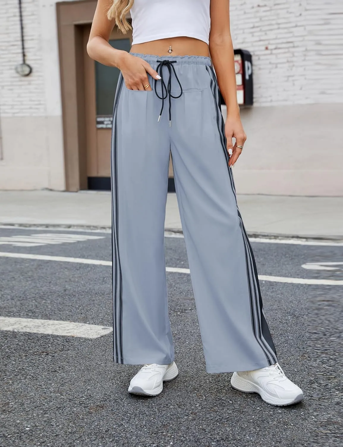 Bankeng Womens Side Striped Pants Wide Leg Drawstring High Waist Sweatpants Hudson Canyon Stripe Pants with Pockets