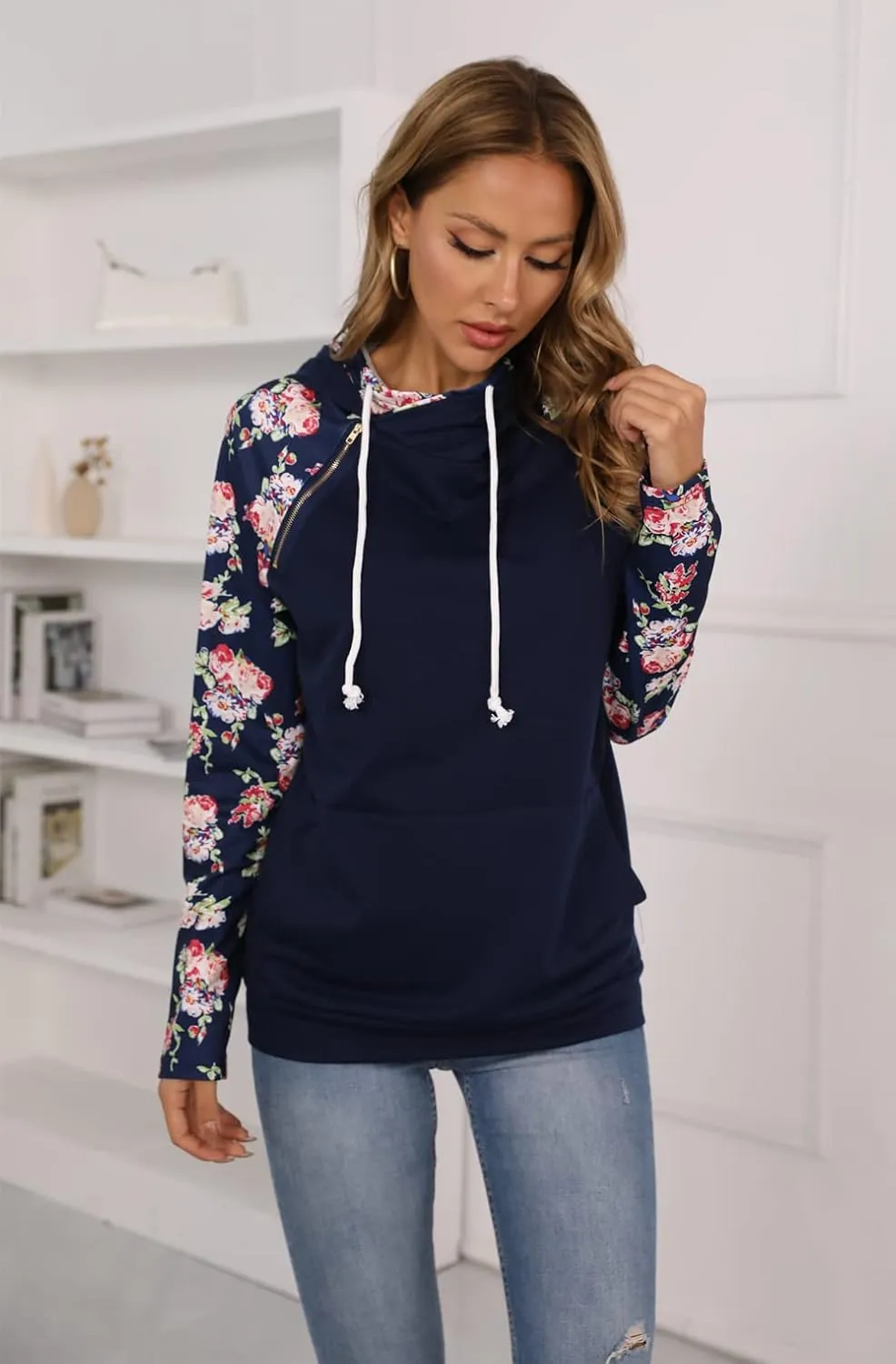 Barlver Women's Casual Hoodies Long Sleeve Sweatshirts Cowl Neck Drawstring Hooded Pullover Top with Pockets