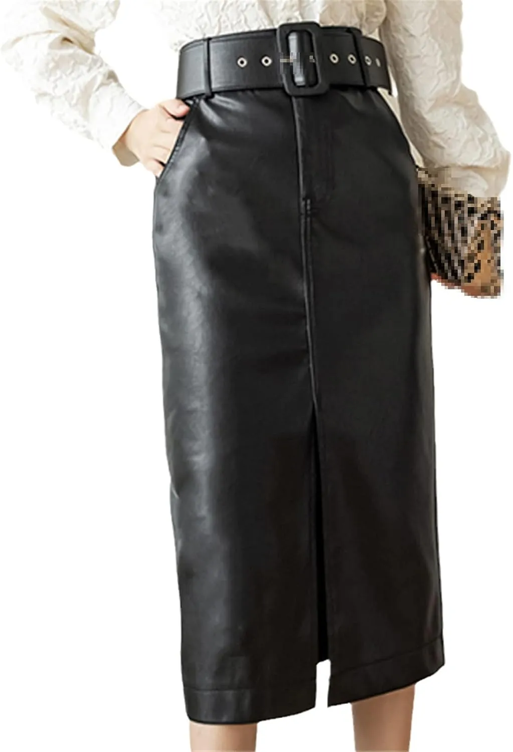 Belt Mid-Length High Waist Skirts Solid Pocket A-Line Straight Split Pencil Skirt Hip-Wrap PU Leather Skirts Black