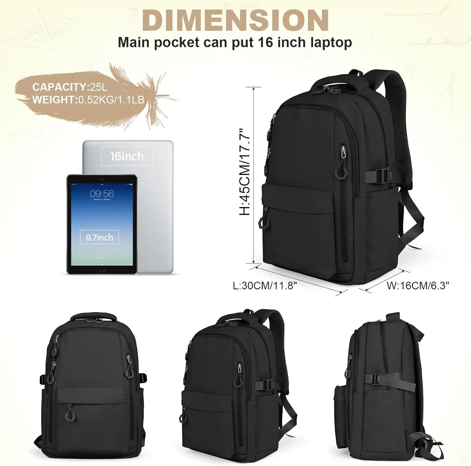 Black Casual Backpack, 16" Laptop Backpack, Bookbag for College, Black Backpack for Women Travel