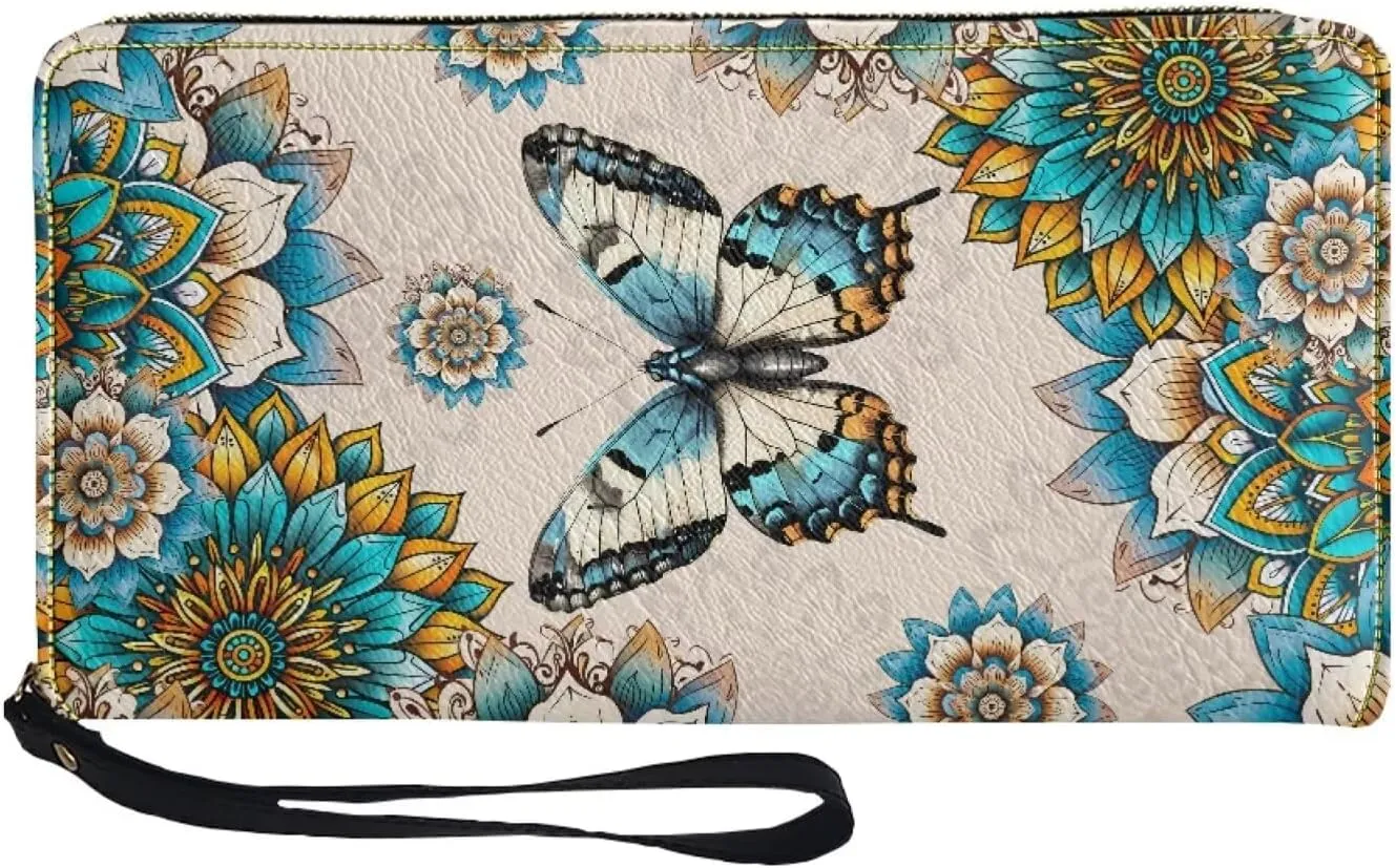 Boho Mandala Butterfly Print Women's Zip Around Wallet Wristlet PU Leather Waterproof Durable Clutch Wallet Large Credit Card Holder Travel Business Dating Coin,Cash Pocket