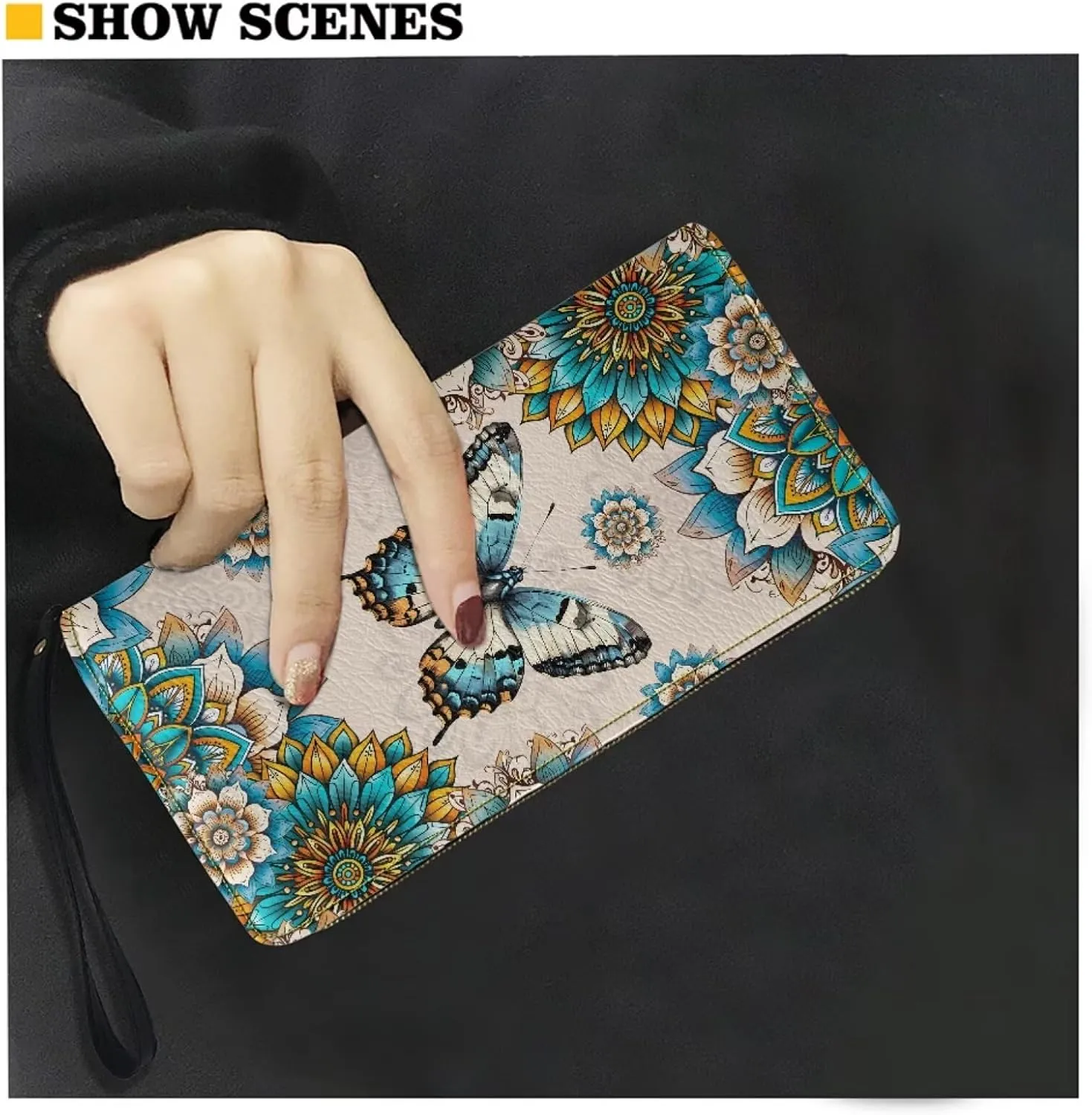 Boho Mandala Butterfly Print Women's Zip Around Wallet Wristlet PU Leather Waterproof Durable Clutch Wallet Large Credit Card Holder Travel Business Dating Coin,Cash Pocket