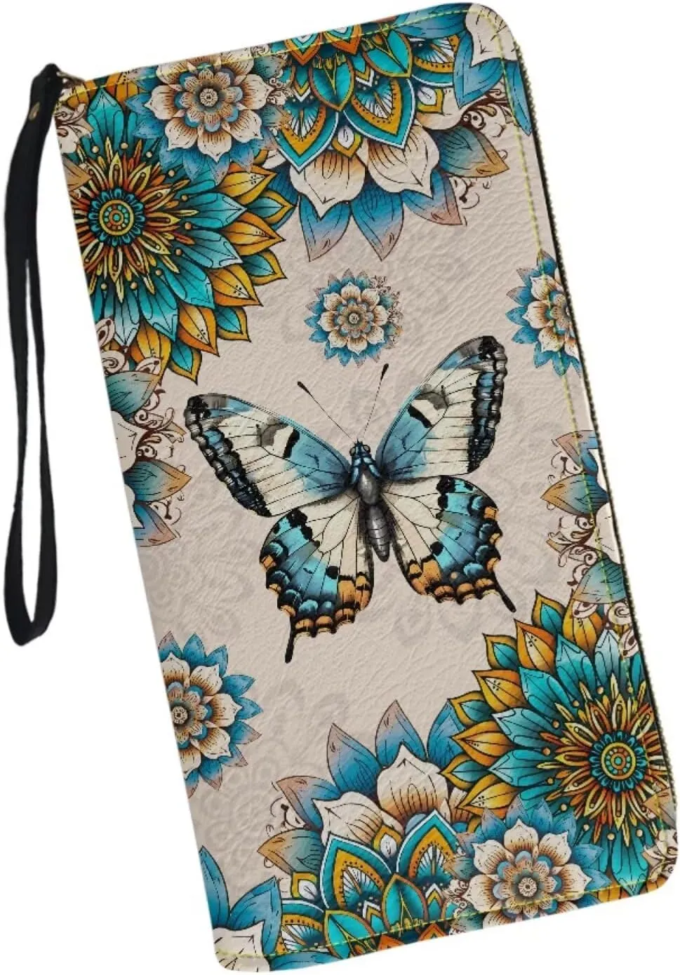Boho Mandala Butterfly Print Women's Zip Around Wallet Wristlet PU Leather Waterproof Durable Clutch Wallet Large Credit Card Holder Travel Business Dating Coin,Cash Pocket