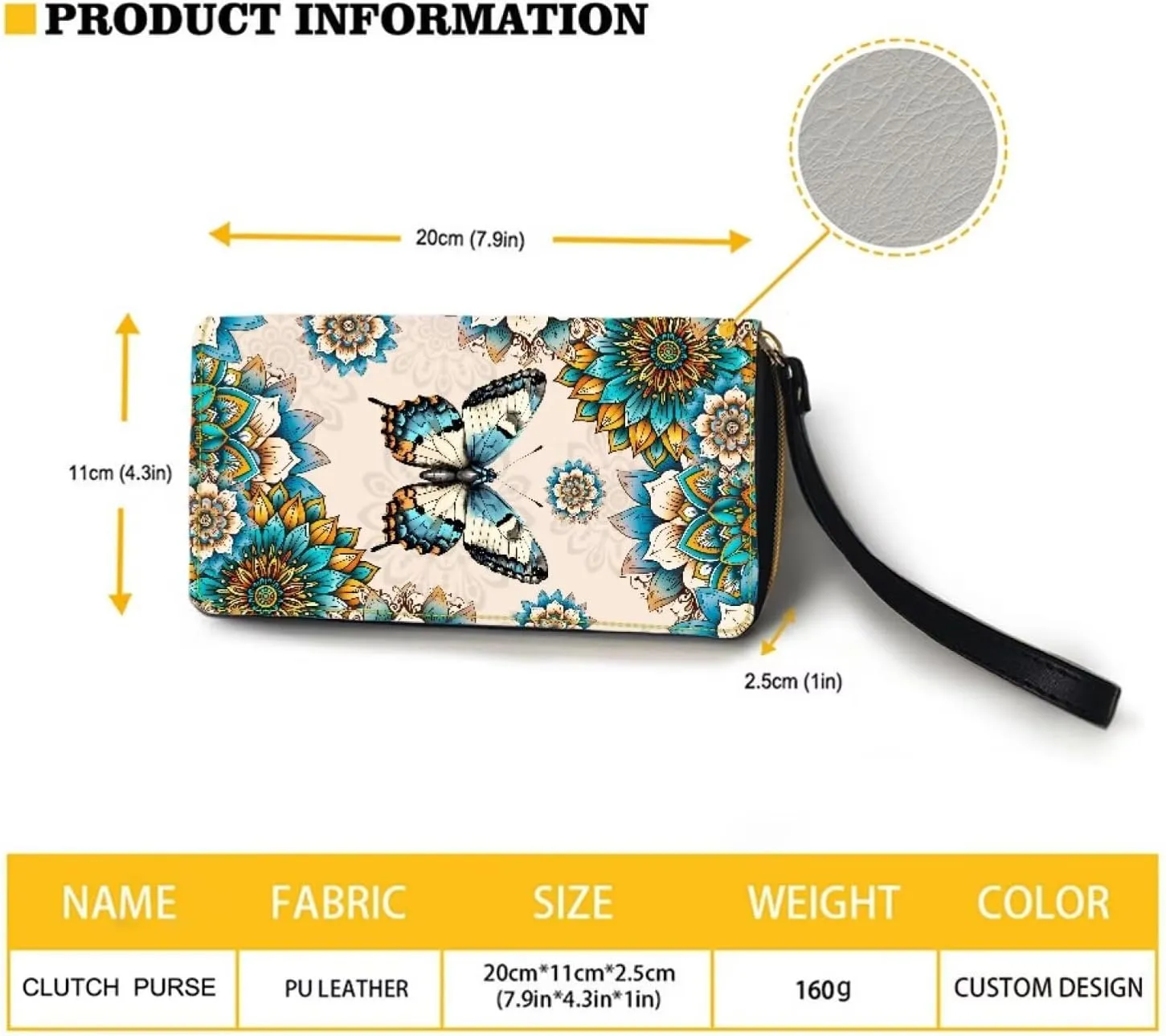 Boho Mandala Butterfly Print Women's Zip Around Wallet Wristlet PU Leather Waterproof Durable Clutch Wallet Large Credit Card Holder Travel Business Dating Coin,Cash Pocket