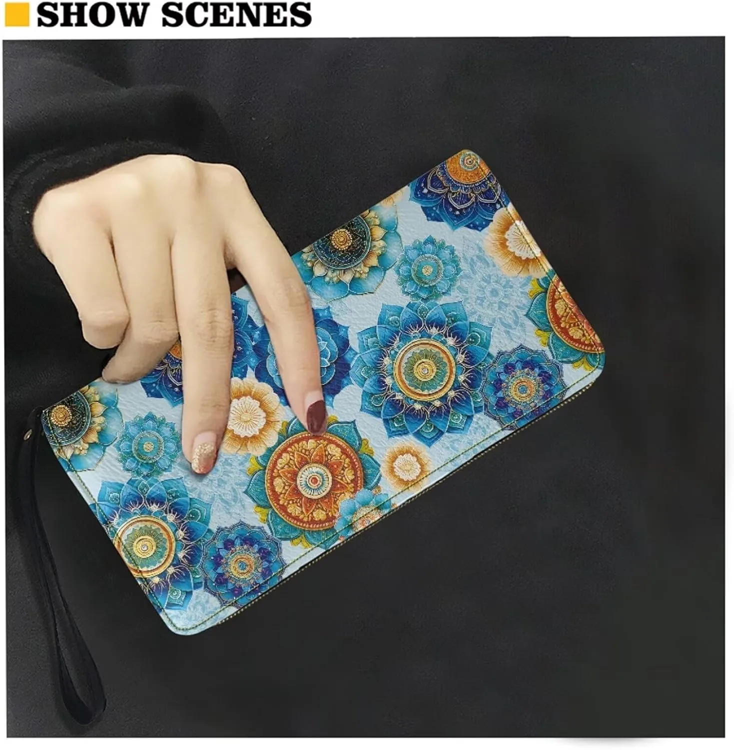 Boho Mandala Flower Print Women's Zip Around Wallet Wristlet PU Leather Waterproof Durable Clutch Wallet Large Credit Card Holder Travel Business Dating Coin,Cash Pocket