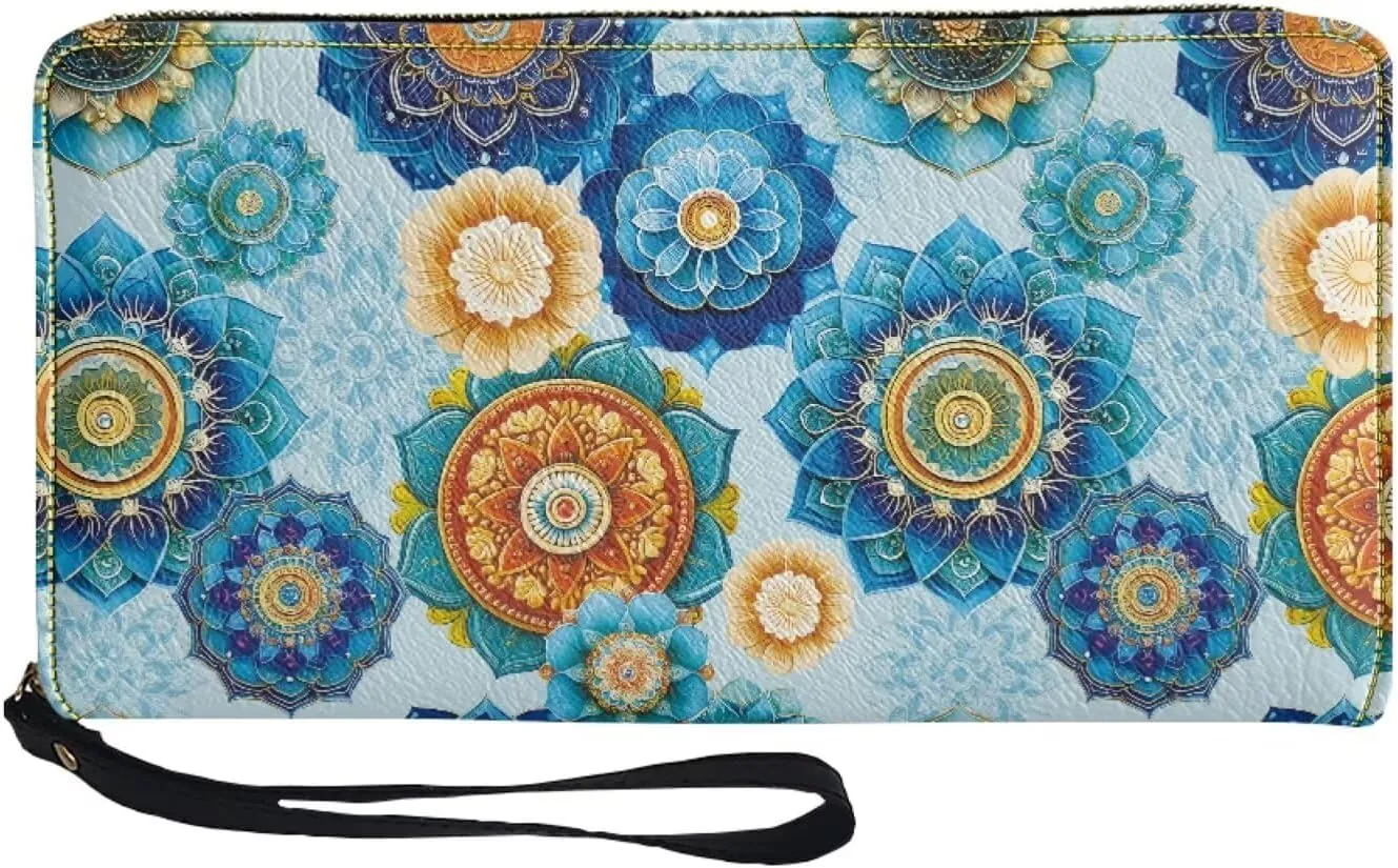 Boho Mandala Flower Print Women's Zip Around Wallet Wristlet PU Leather Waterproof Durable Clutch Wallet Large Credit Card Holder Travel Business Dating Coin,Cash Pocket