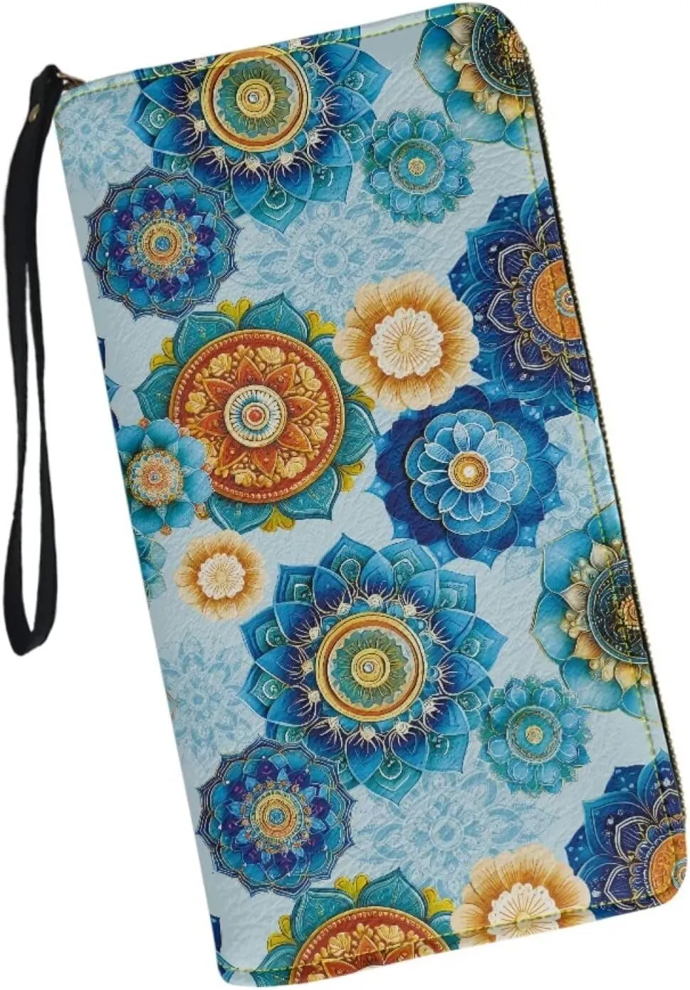 Boho Mandala Flower Print Women's Zip Around Wallet Wristlet PU Leather Waterproof Durable Clutch Wallet Large Credit Card Holder Travel Business Dating Coin,Cash Pocket