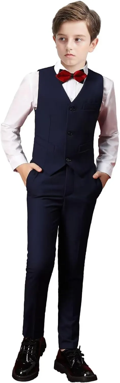 Boy 5-Piece Formal Suit Set Slim Fit Vest Pants Collared Dress Shirt Tie Kids Baby Boy Teen Ring Bearer Gentleman Outfits