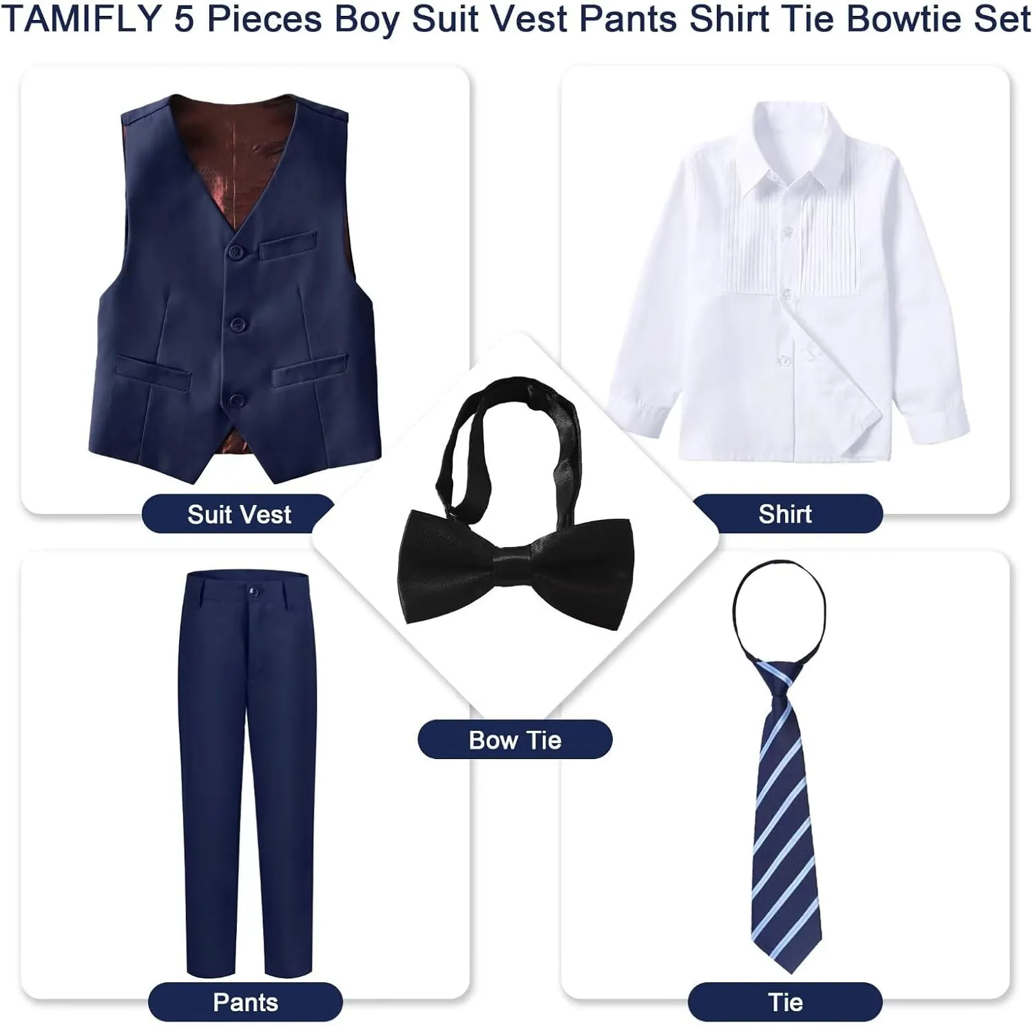 Boy 5-Piece Formal Suit Set Slim Fit Vest Pants Collared Dress Shirt Tie Kids Baby Boy Teen Ring Bearer Gentleman Outfits