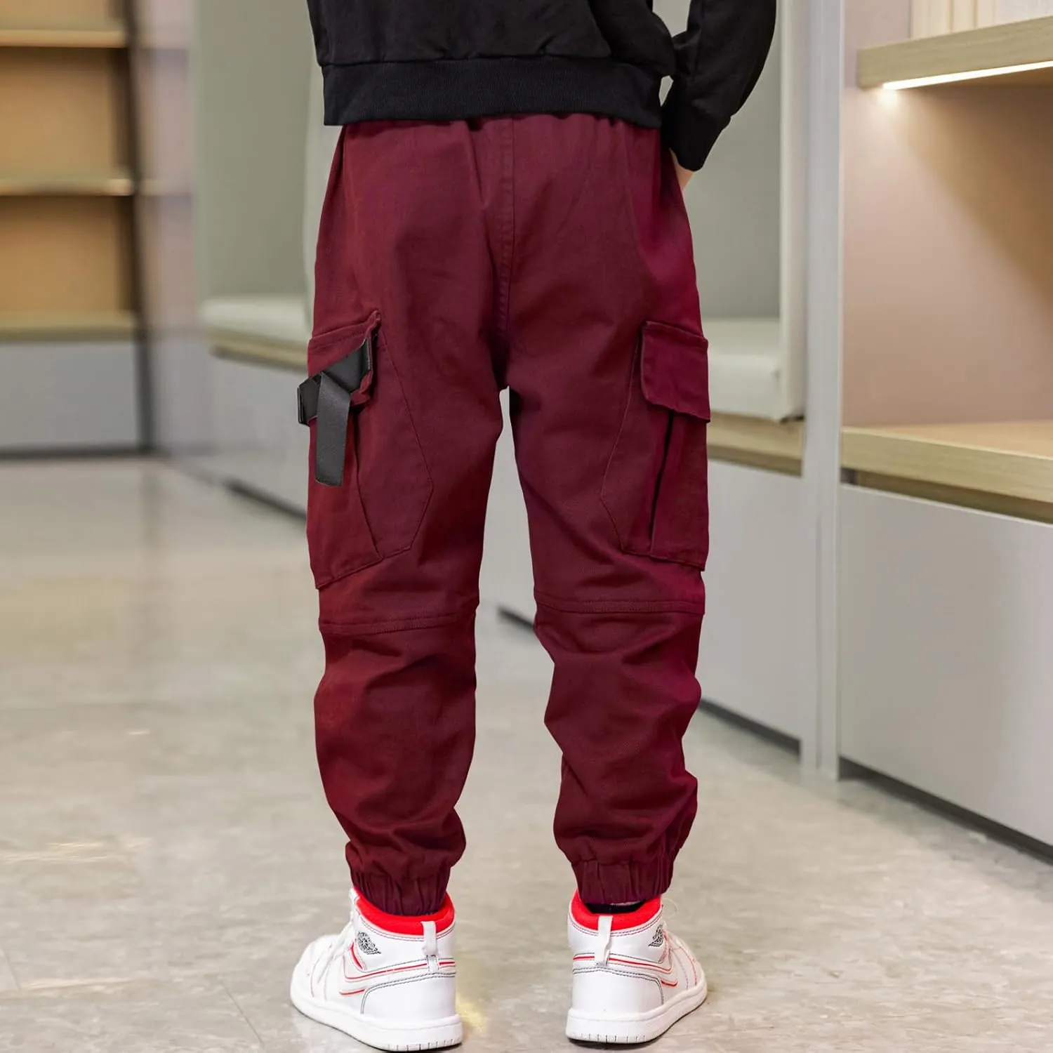 Boys Cargo Pants Cotton Casual Pants Elastic Waist Hiking School Uniform Sweatpants Joggers