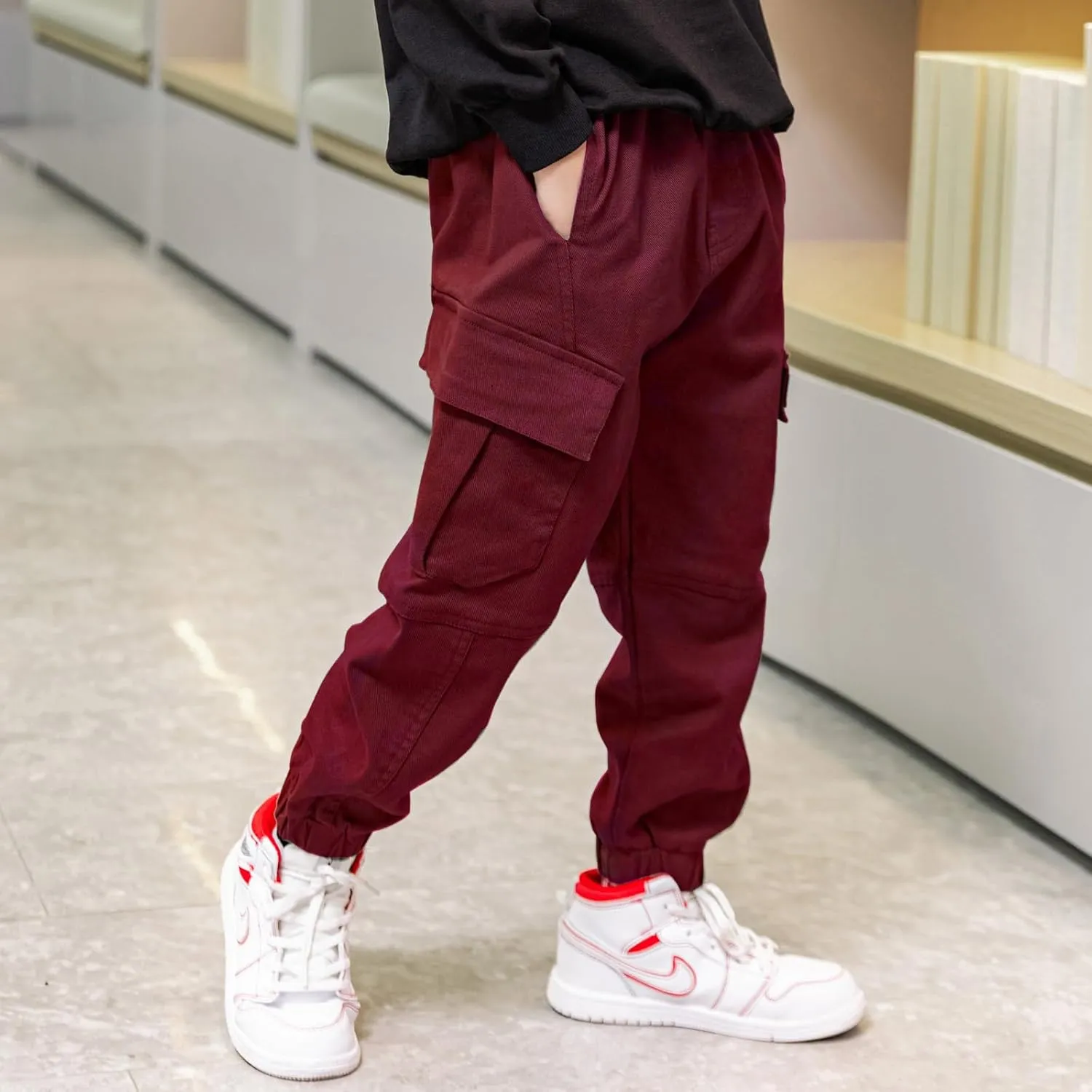 Boys Cargo Pants Cotton Casual Pants Elastic Waist Hiking School Uniform Sweatpants Joggers