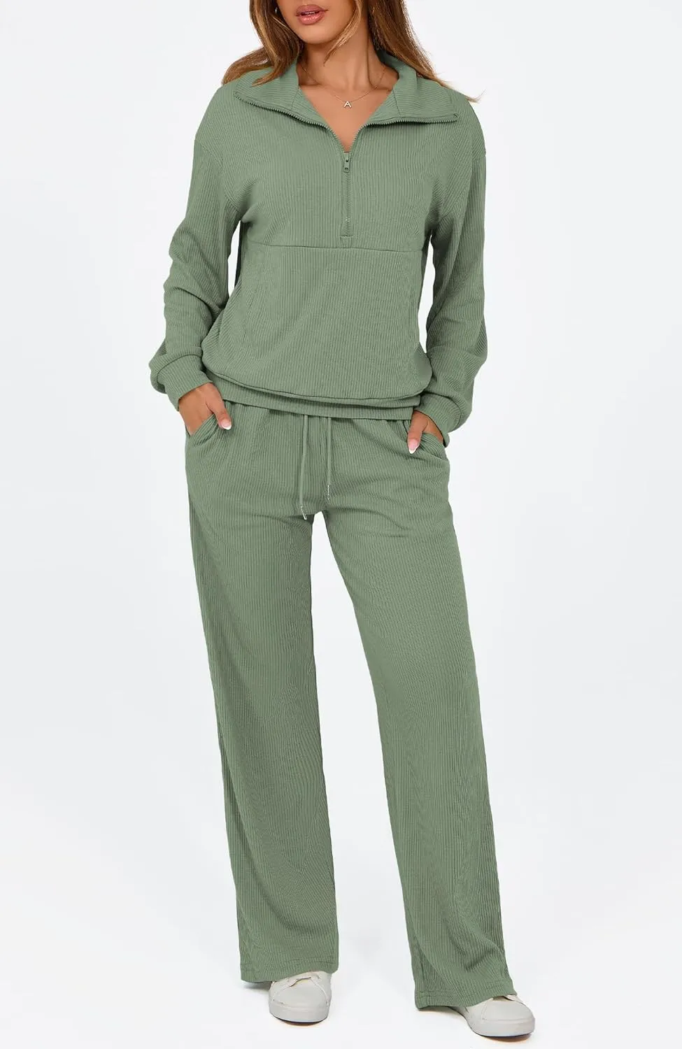 BTFBM Womens 2 Piece Sweatsuits Set Long Sleeve Half Zip Pullover Sweatshirt Wide Leg Sweatpants Fall Outfits Tracksuit