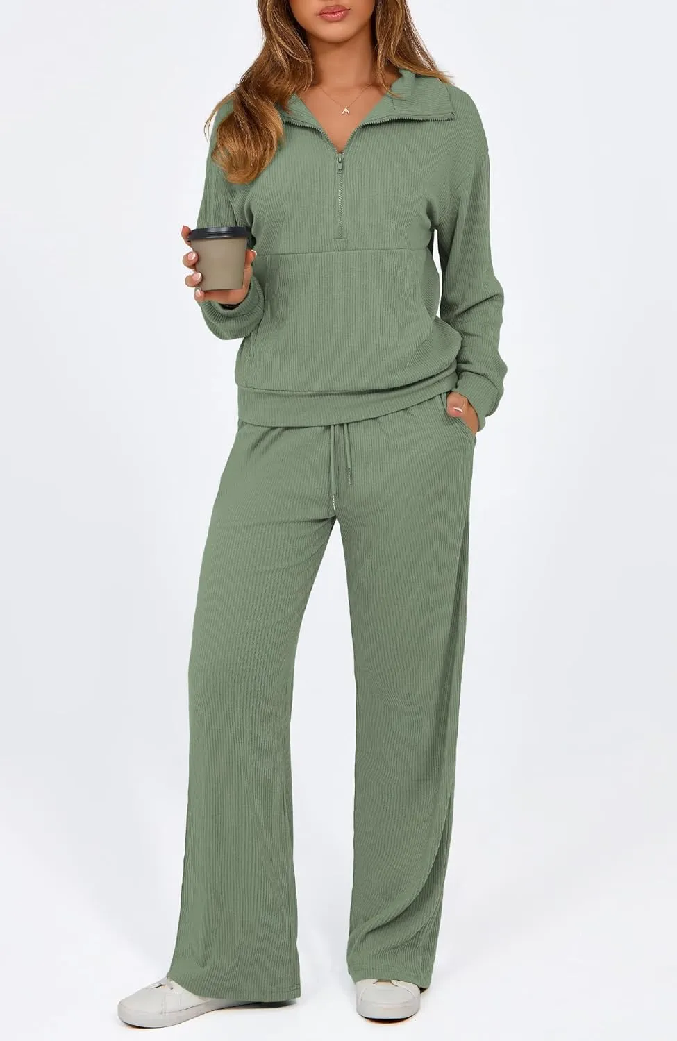 BTFBM Womens 2 Piece Sweatsuits Set Long Sleeve Half Zip Pullover Sweatshirt Wide Leg Sweatpants Fall Outfits Tracksuit