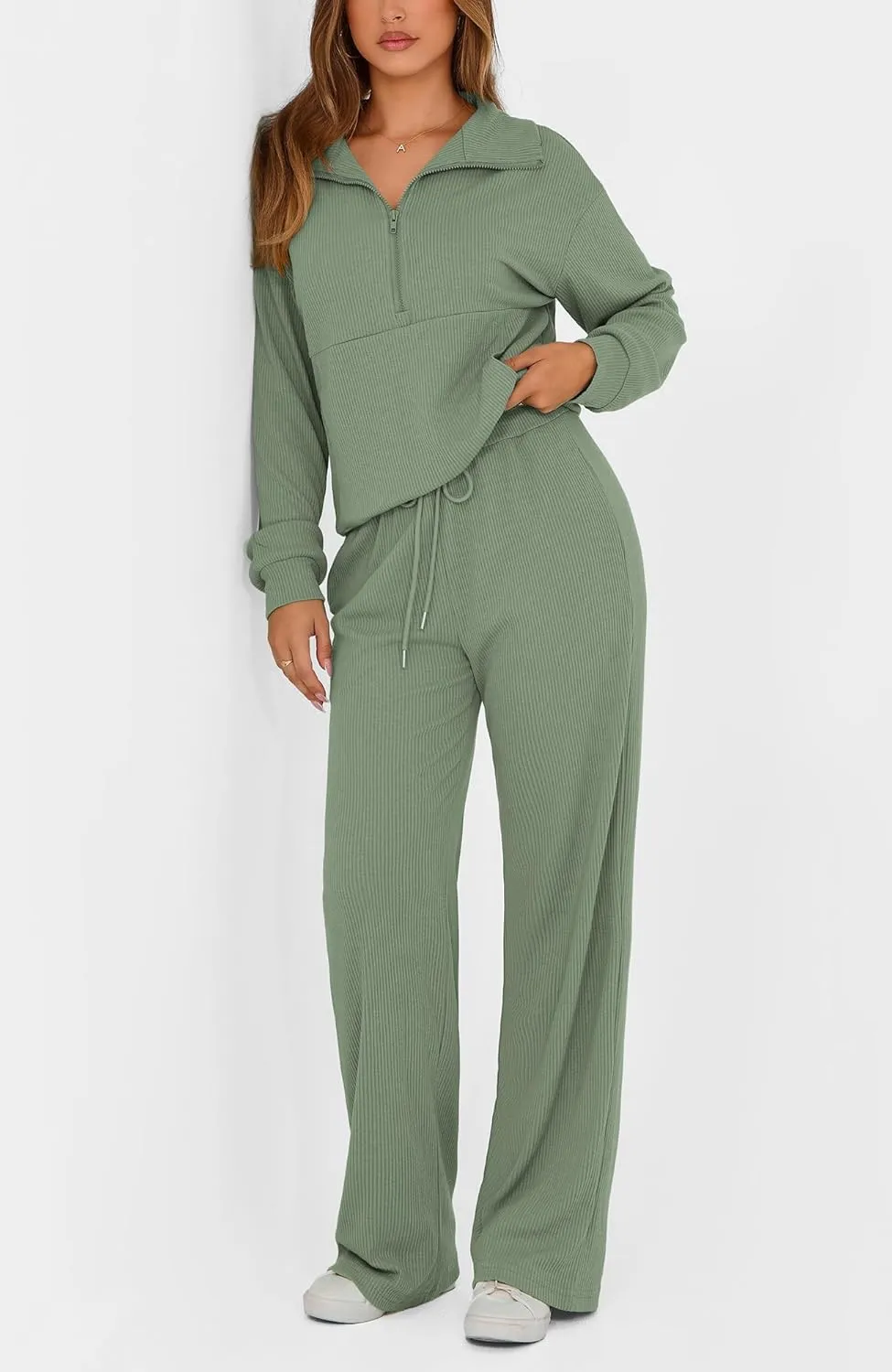 BTFBM Womens 2 Piece Sweatsuits Set Long Sleeve Half Zip Pullover Sweatshirt Wide Leg Sweatpants Fall Outfits Tracksuit
