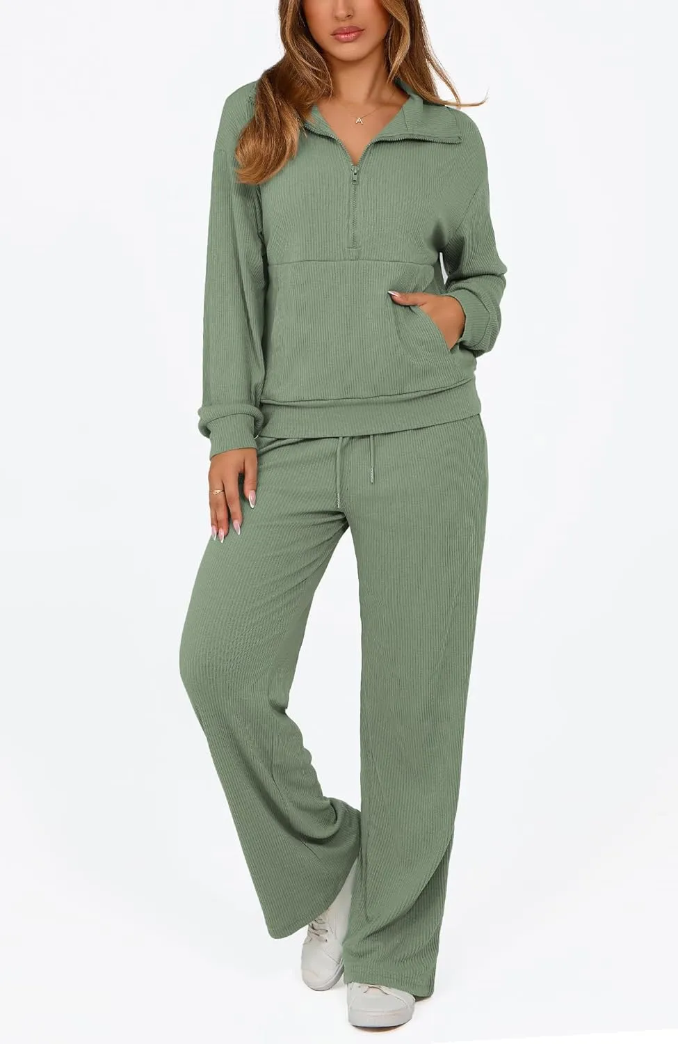 BTFBM Womens 2 Piece Sweatsuits Set Long Sleeve Half Zip Pullover Sweatshirt Wide Leg Sweatpants Fall Outfits Tracksuit