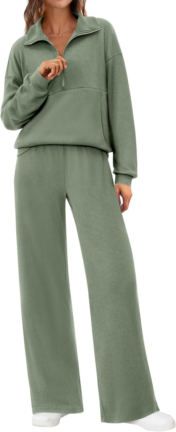 BTFBM Womens 2 Piece Sweatsuits Set Long Sleeve Half Zip Pullover Sweatshirt Wide Leg Sweatpants Fall Outfits Tracksuit