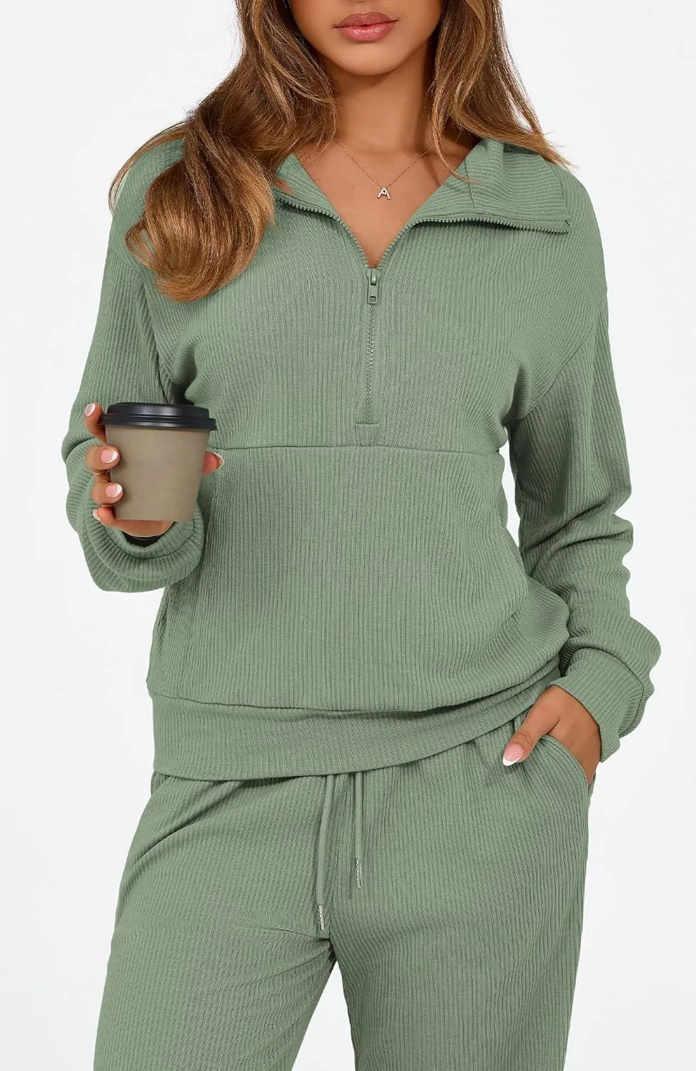 BTFBM Womens 2 Piece Sweatsuits Set Long Sleeve Half Zip Pullover Sweatshirt Wide Leg Sweatpants Fall Outfits Tracksuit