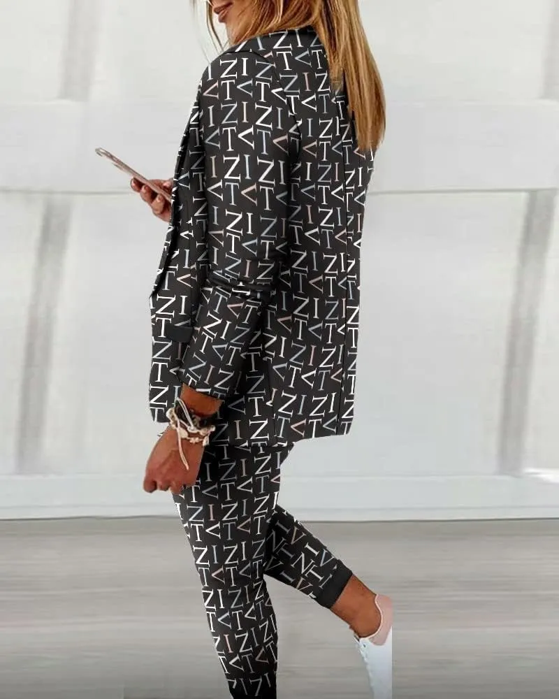 Business Casual Set Women's Casual Pants Suit 2 Piece Business Outfits Long Sleeve Blazer and Pencil Pant Sets