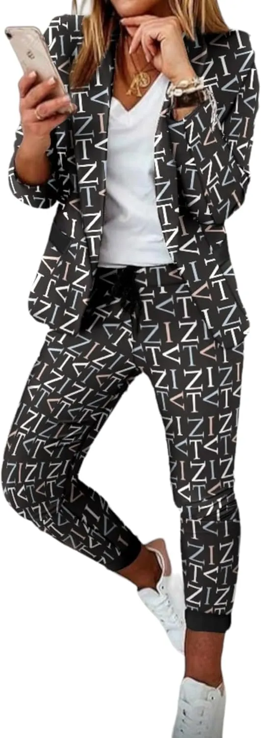 Business Casual Set Women's Casual Pants Suit 2 Piece Business Outfits Long Sleeve Blazer and Pencil Pant Sets