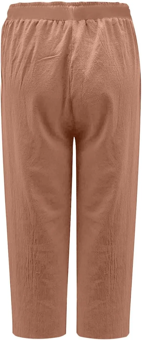 Capri Linen Pants Women Summer Drawstring Pockets Wide Leg Capris Loose Casual Palazzo Capris Beach Vacation Outfits