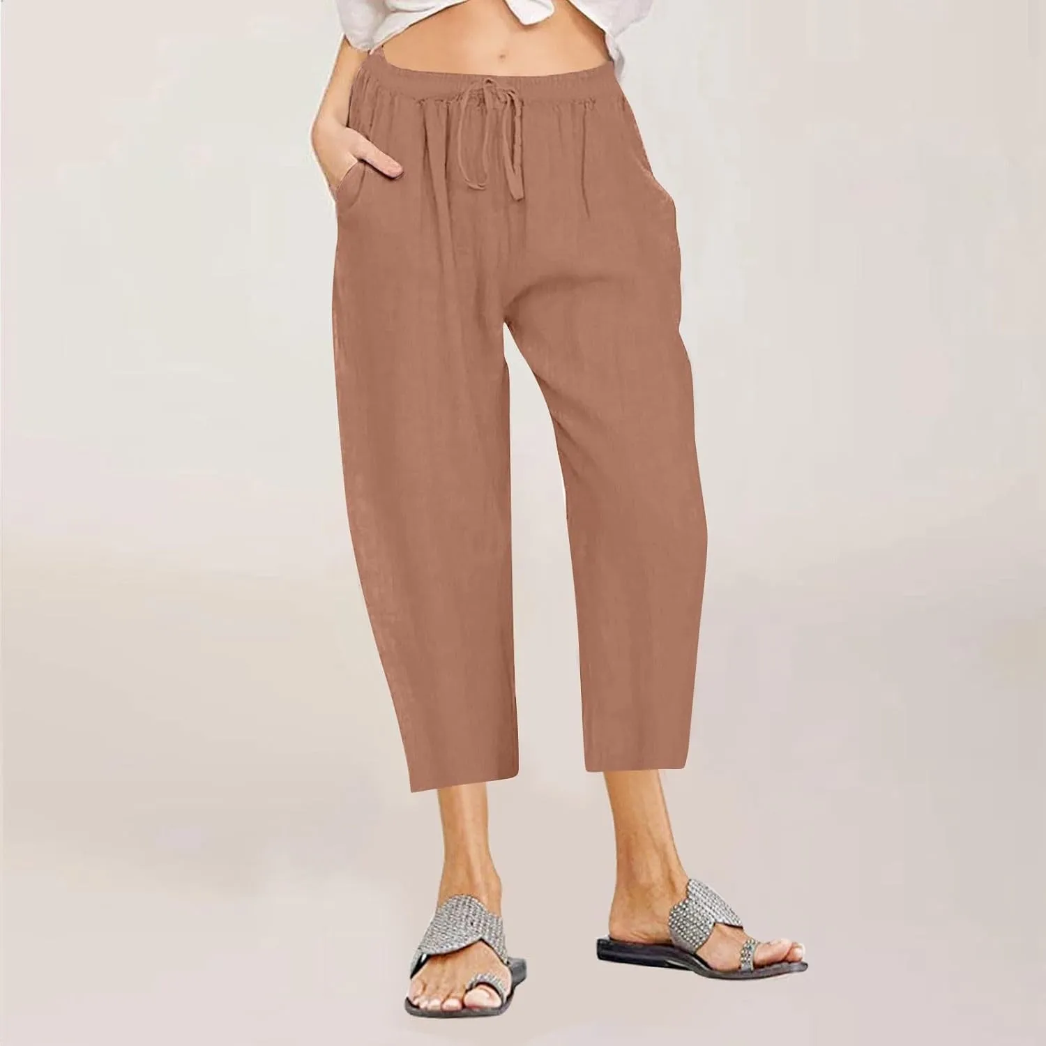 Capri Linen Pants Women Summer Drawstring Pockets Wide Leg Capris Loose Casual Palazzo Capris Beach Vacation Outfits