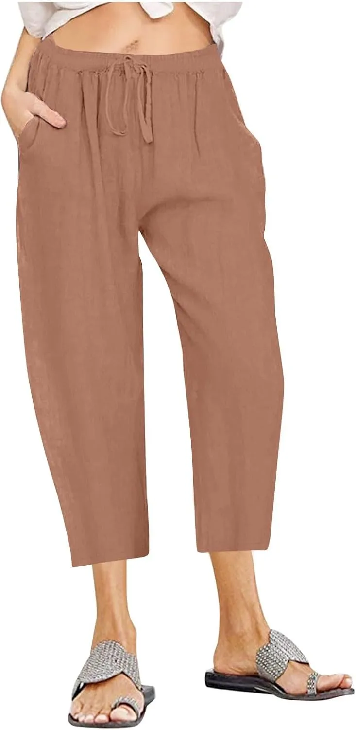Capri Linen Pants Women Summer Drawstring Pockets Wide Leg Capris Loose Casual Palazzo Capris Beach Vacation Outfits