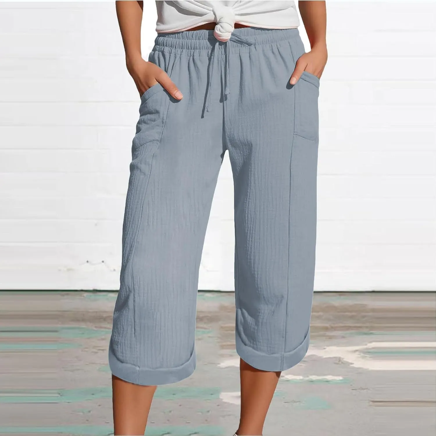 Capri Pants for Women Casual Summer Drawstring Elastic High Waist Linen Pant Cotton Linen Yoga Cropped Trousers