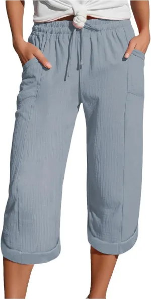 Capri Pants for Women Casual Summer Drawstring Elastic High Waist Linen Pant Cotton Linen Yoga Cropped Trousers