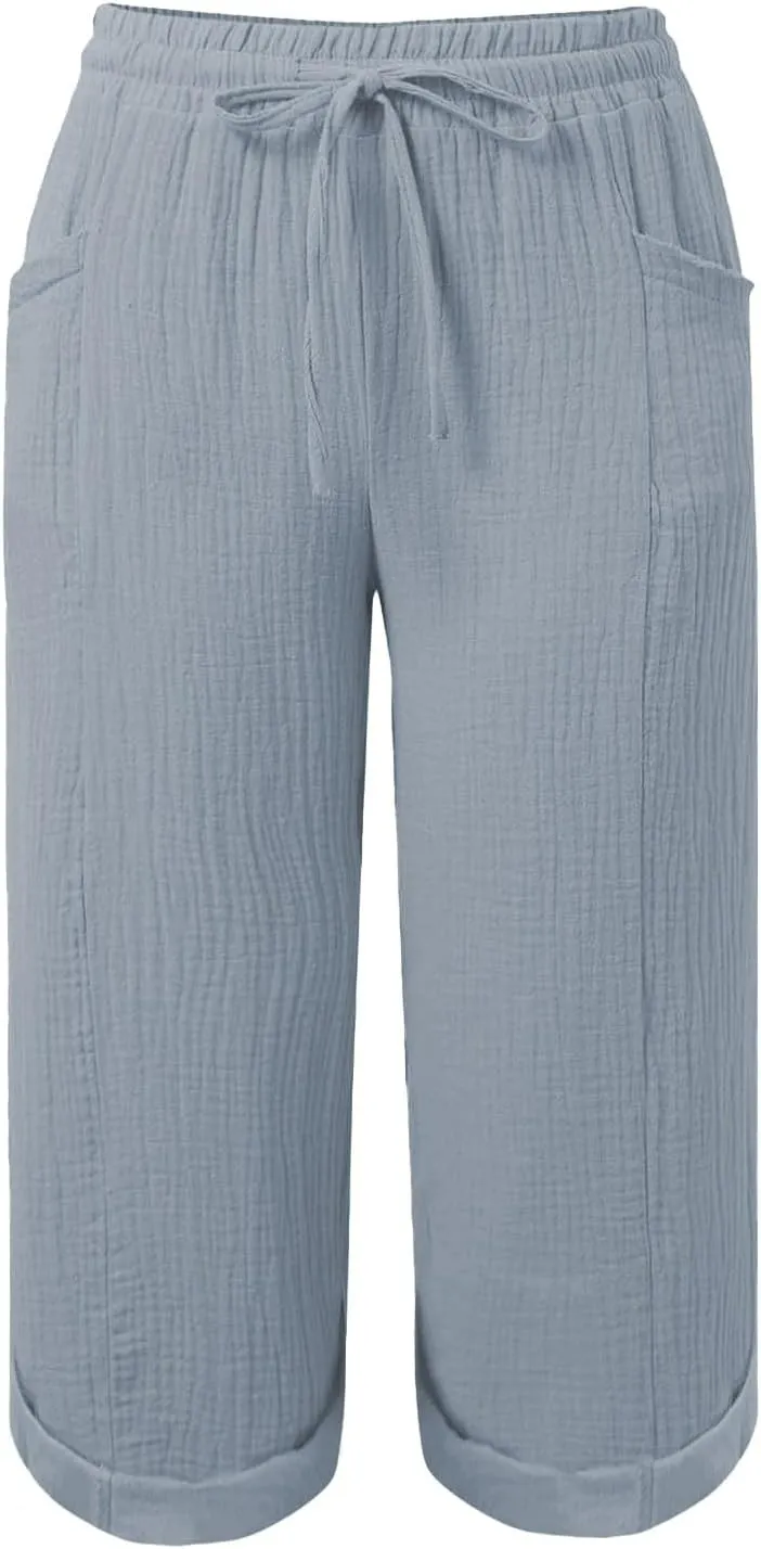 Capri Pants for Women Casual Summer Drawstring Elastic High Waist Linen Pant Cotton Linen Yoga Cropped Trousers