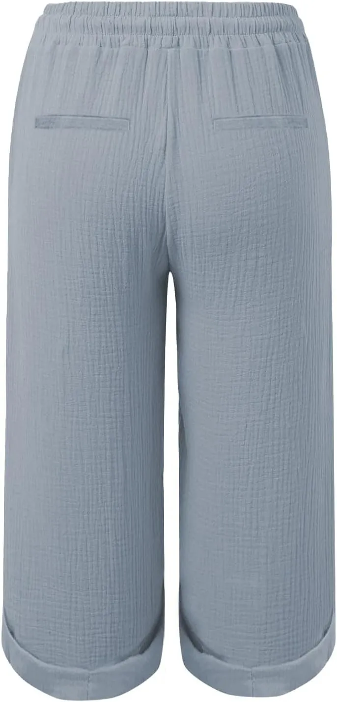 Capri Pants for Women Casual Summer Drawstring Elastic High Waist Linen Pant Cotton Linen Yoga Cropped Trousers