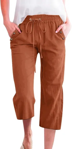Capris Pants for Women Cotton Linen Summer 2025 Casual Straight Wide Leg Loose Drawstring Elastic Waist Cropped Trouser