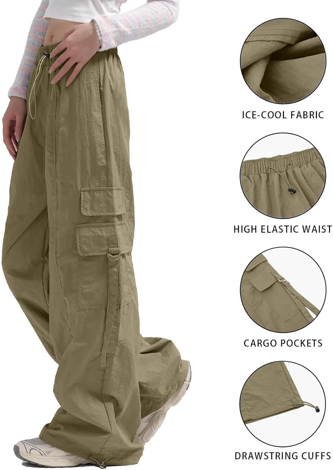 Cargo Pants for Women Summer Wide Leg Pants Elastic High Waist Loose Fit Comfy Casual Trousers with Pockets 2025