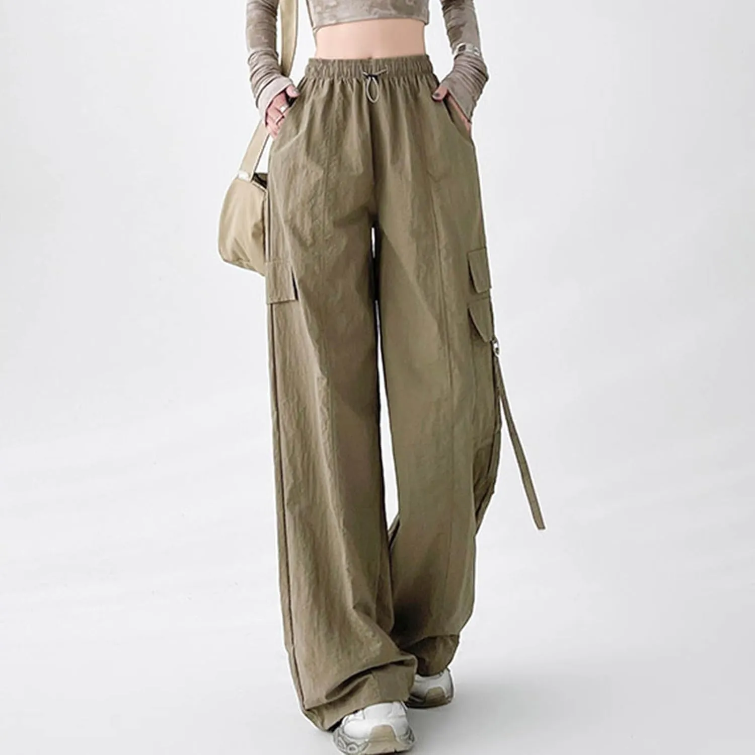 Cargo Pants for Women Summer Wide Leg Pants Elastic High Waist Loose Fit Comfy Casual Trousers with Pockets 2025