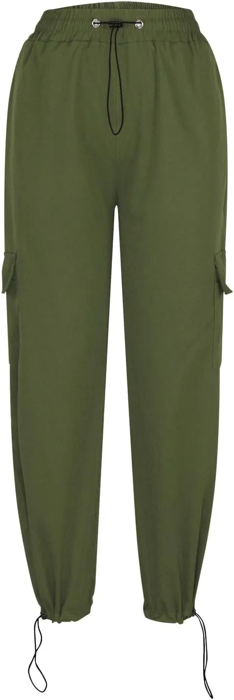 Cargo Pants Women High Waist Wide Leg Casual Pants with Pockets Stretchy Drawstring Baggy Fashion Y2k Hiking Trousers