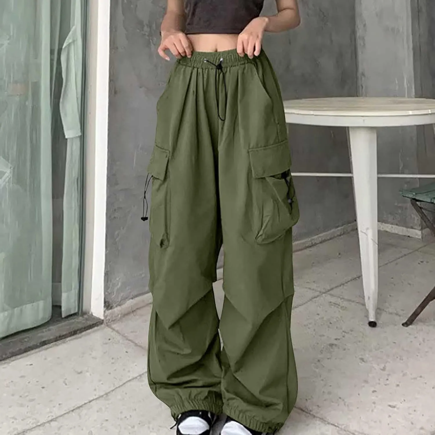 Cargo Pants Women High Waist Wide Leg Casual Pants with Pockets Stretchy Drawstring Baggy Fashion Y2k Hiking Trousers