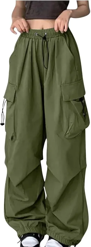 Cargo Pants Women High Waist Wide Leg Casual Pants with Pockets Stretchy Drawstring Baggy Fashion Y2k Hiking Trousers