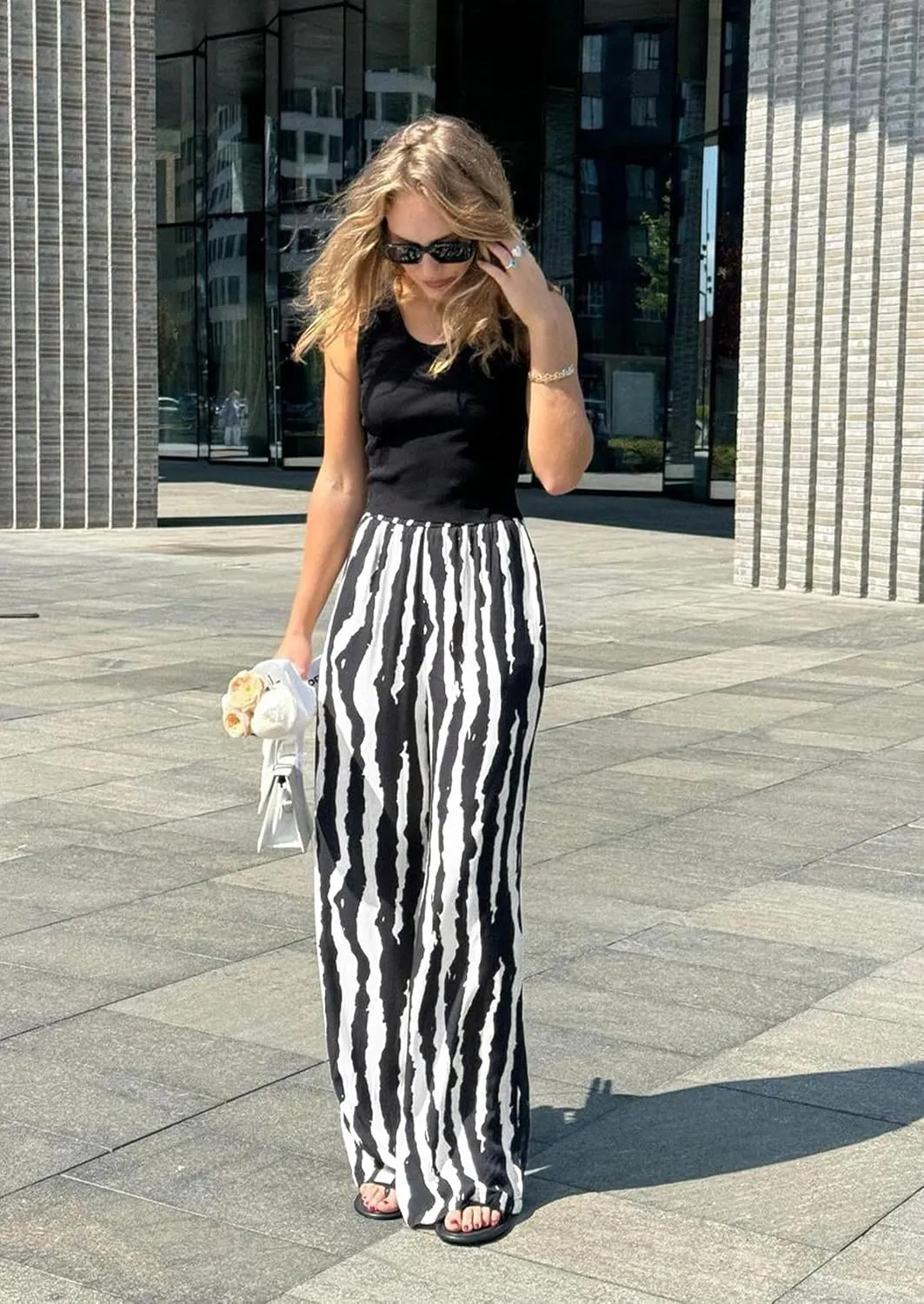 CCTOO Striped Wide Leg Pants for Women Summer 2025 Palazzo Pants for Women Casual Low Waist Lounge Pants with Pockets