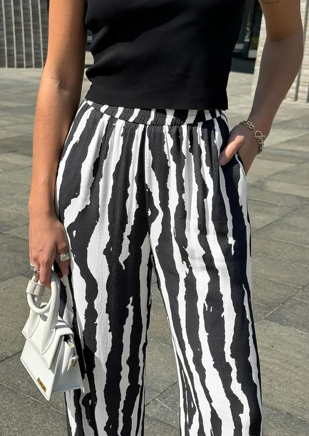 CCTOO Striped Wide Leg Pants for Women Summer 2025 Palazzo Pants for Women Casual Low Waist Lounge Pants with Pockets