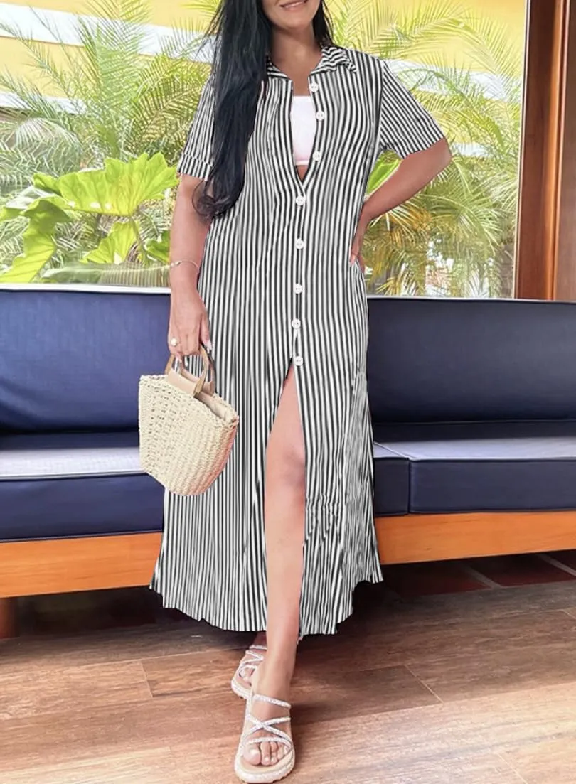 chouyatou Women's Summer Short Sleeve Striped Shirt Dress Casual Loose Button Down Maxi Long Beach Dress