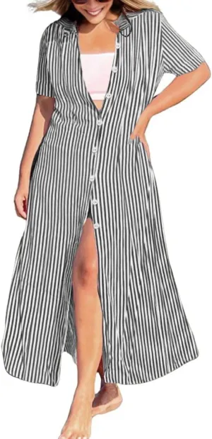 chouyatou Women's Summer Short Sleeve Striped Shirt Dress Casual Loose Button Down Maxi Long Beach Dress
